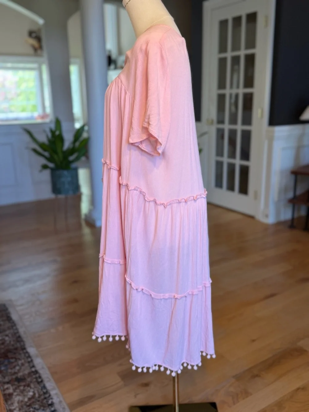 Emery Rose Boho Pink Tassel Tiered Dress Pom Pom Hem Medium (VGUC) - Picture 5 of 16